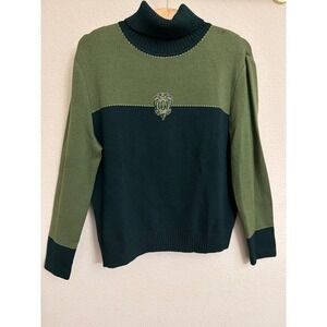 St John Sport Marie Gray Green Colorblock Wool Blend Turtleneck Crest Sweater M